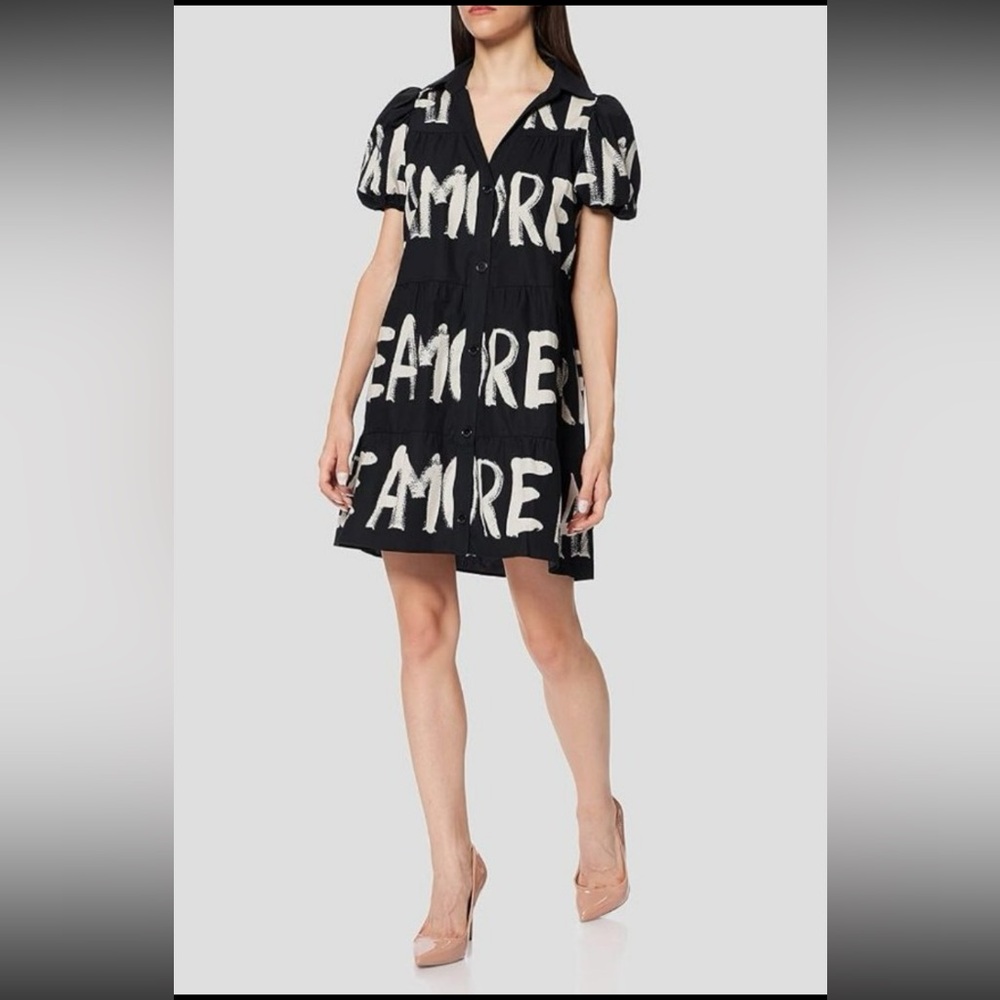 Desigual Women’s Brixton Shirt Dress Size M Black Amore Print Puff Sleeve EUC